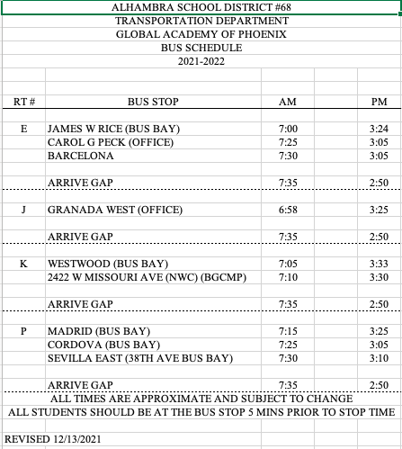GAP Bus Schedule